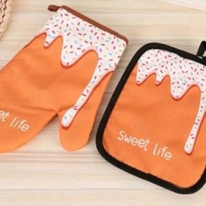 Set of Sweet Life Oven Mit, Pot Holder, and Red Heart Scraper/Spatula